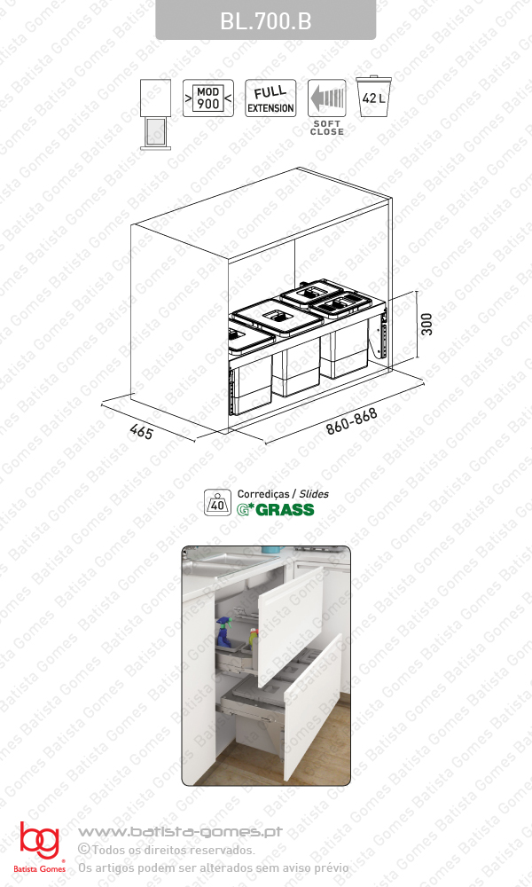 Balde para lixo extra�vel - Porta frontal - M�d. 900 - Com Soft-close - 42L